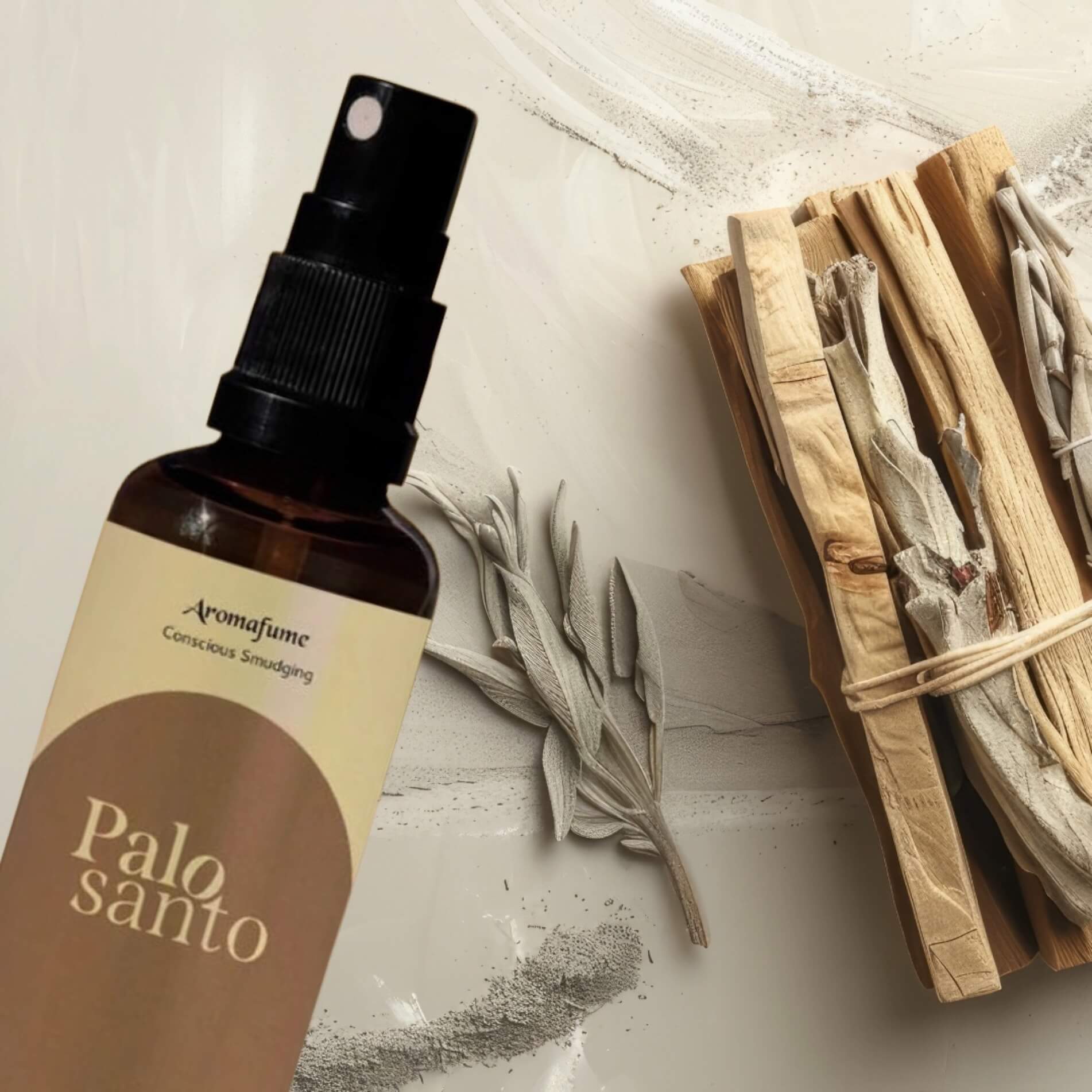 Aromatume Palo Santo diffuser bottle with sage leaves on a light background