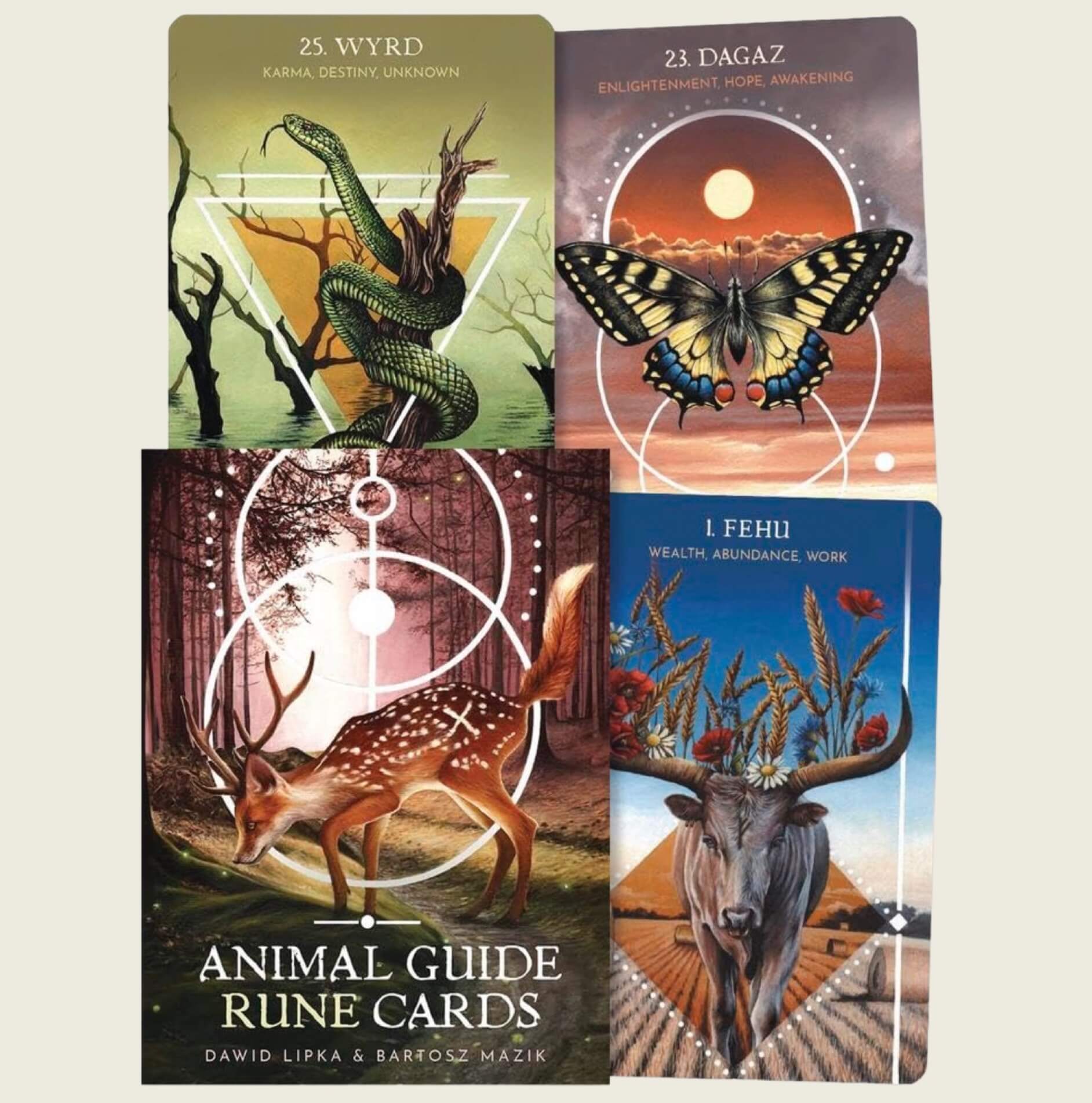 Four animal-themed cards from 'Animal Guide Ruin Cards' on a beige background