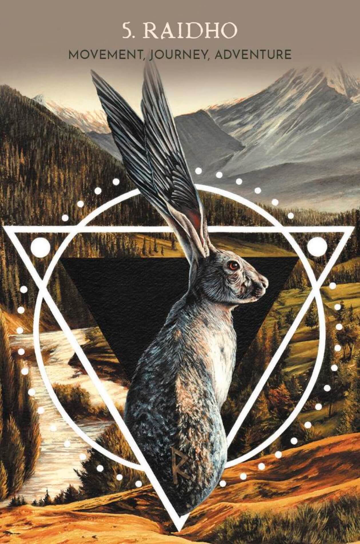 Oracle Card with a rabbit in a geometric frame against a mountainous landscape, featuring the title 'Raidho'.