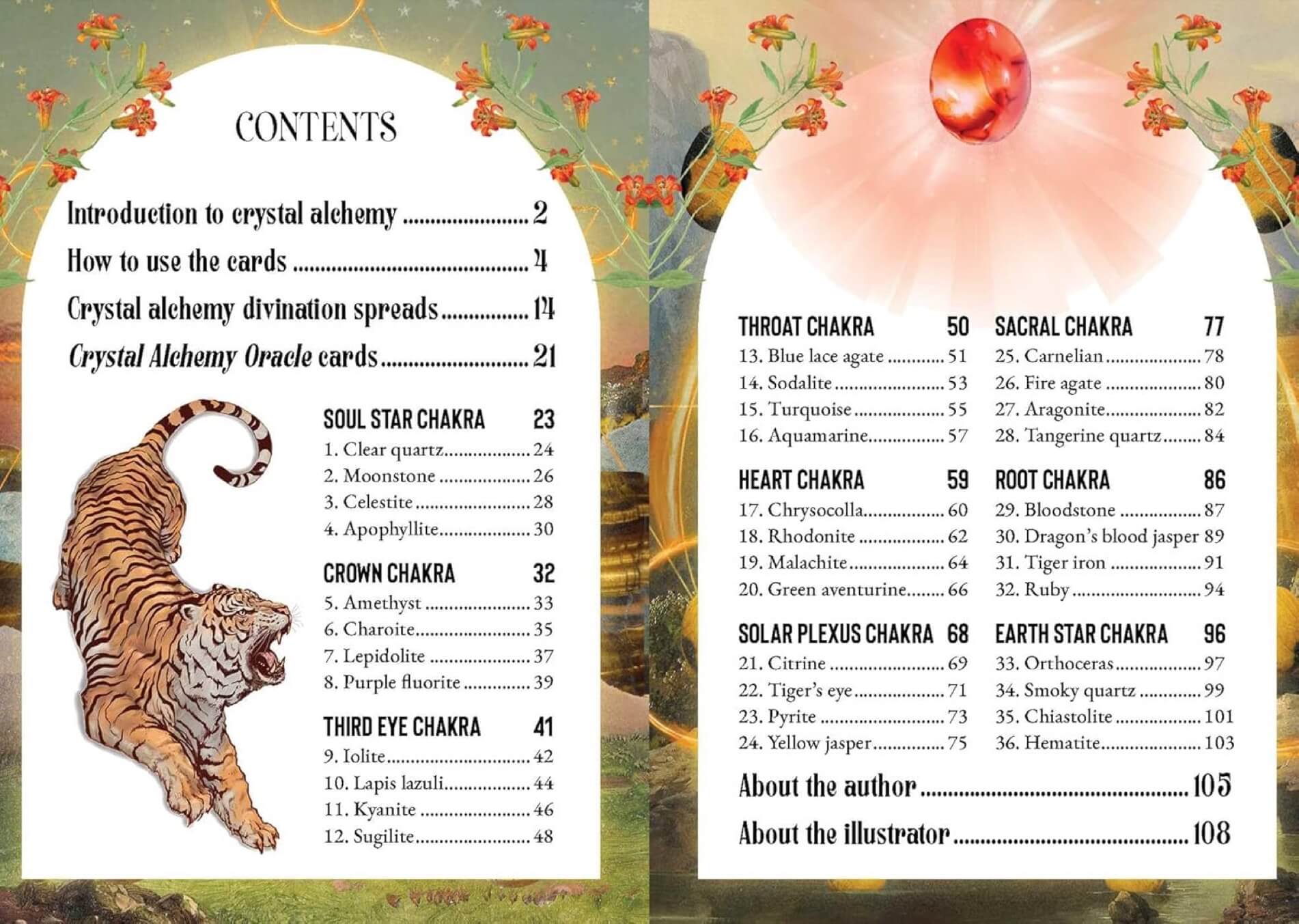 Table of contents for a crystal alchemy oracle card set with illustrations of a tiger and colorful cards.