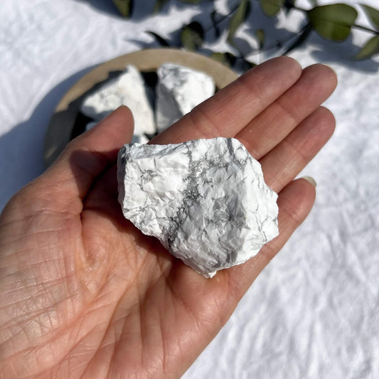A white and grey marbled howlite crystal piece is laid on an open palm