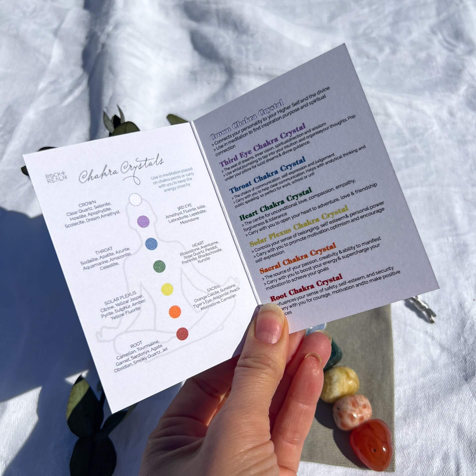 Seven chakra crystals properties card