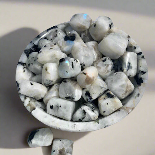 round bowl all of flashy rainbow moonstone crystal tumbles