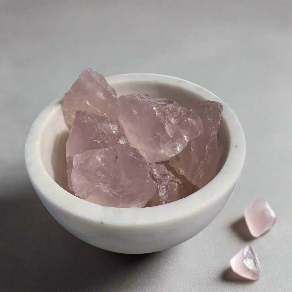 A white marble bowl of gemmy pink rose quartz crystal chunks