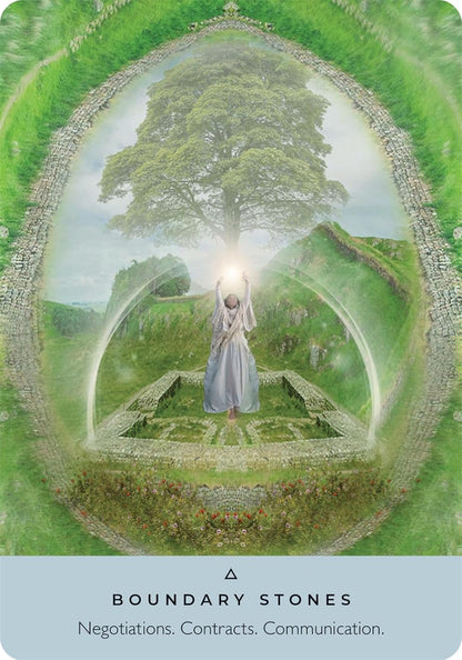 Ancient Stones Oracle Card with person standing in a stone circle with a tree in the centre, surrounded by greenery.