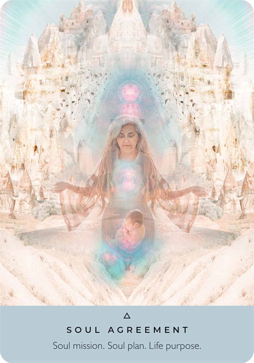 Ancient Stones Oracle Card with Woman meditating with chakra colors in front of a spiritual architecture, titled 'Soul Agreement'.