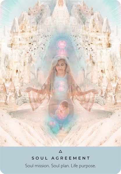 Ancient Stones Oracle Card with Woman meditating with chakra colors in front of a spiritual architecture, titled 'Soul Agreement'.