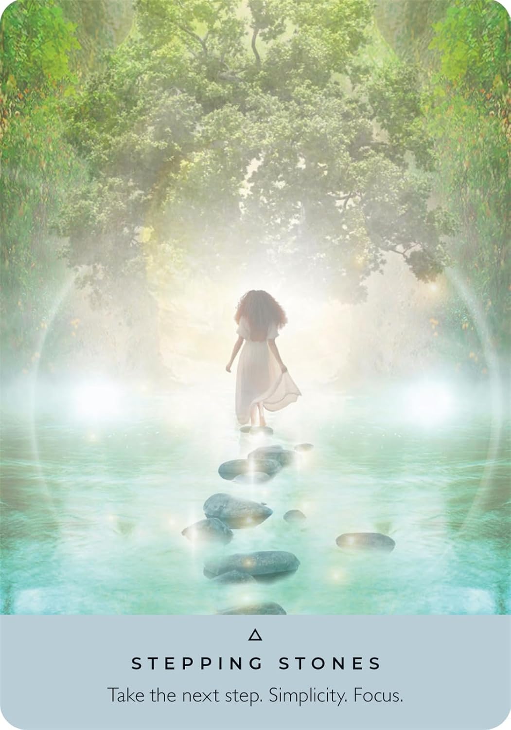Ancient Stones Oracle Card with Woman walking on stepping stones in a forest with a quote about taking the next step.