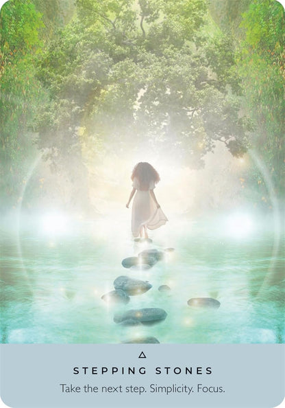 Ancient Stones Oracle Card with Woman walking on stepping stones in a forest with a quote about taking the next step.