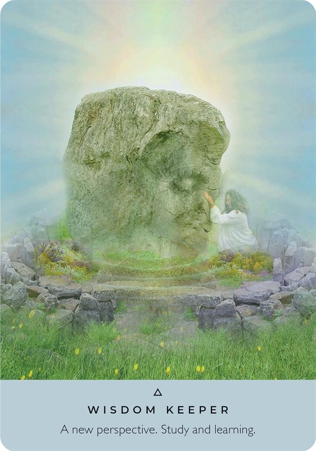 Ancient Stones Oracle Card with Stone monument with a person sitting on a rock, surrounded by grass and a rainbow, with text 'Wisdom Keeper' at the bottom.