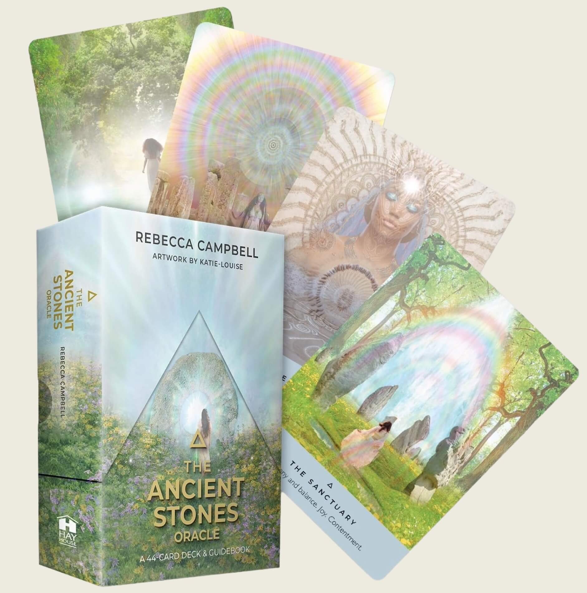 Rebecca Campbell's 'The Ancient Stones' oracle cards with packaging on a light beige background