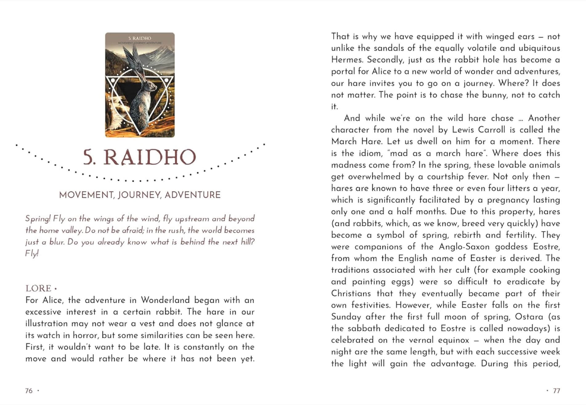 Page from the guidebook with text and an illustration of a rabbit, titled 'Raidho'.