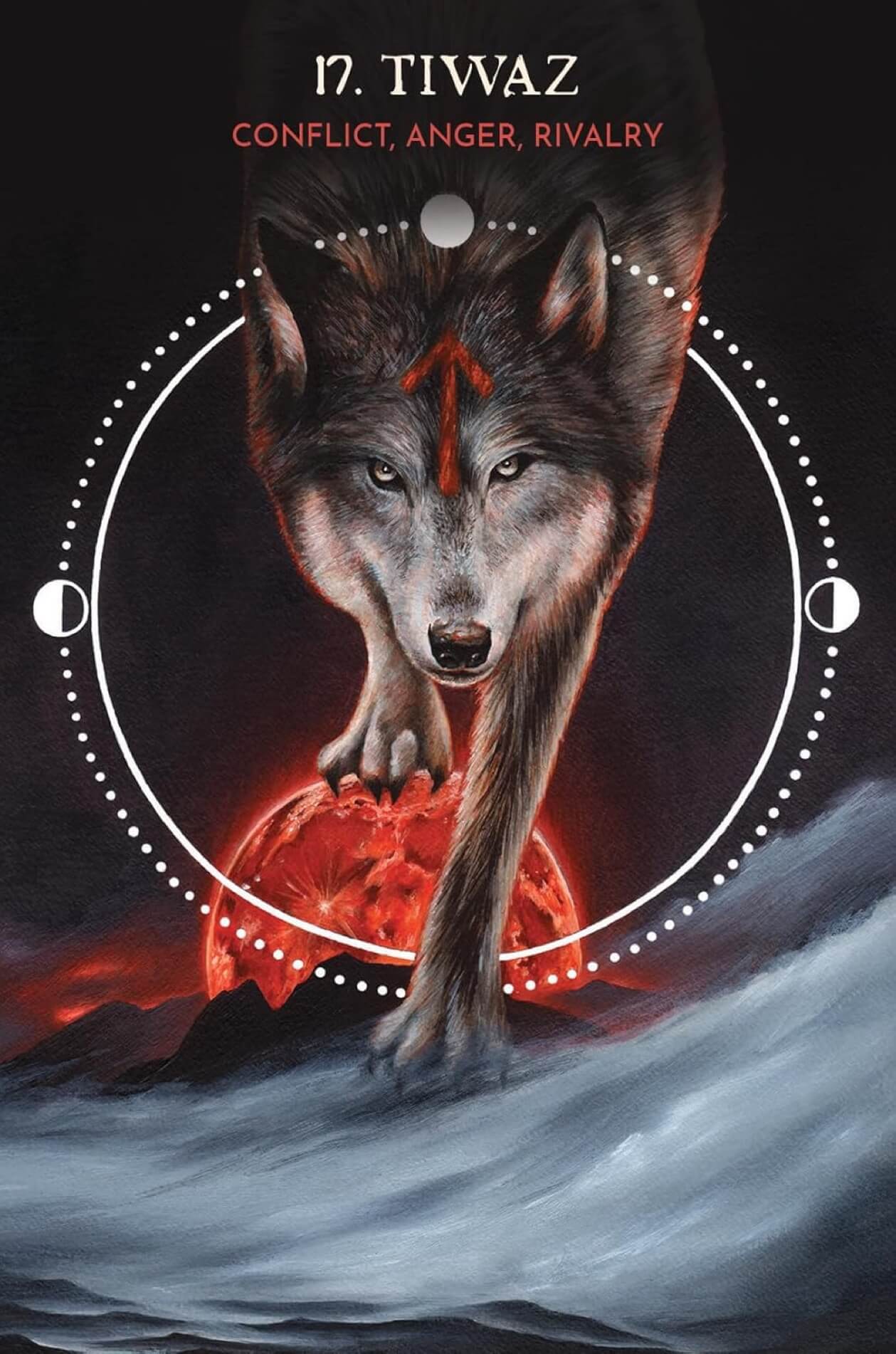 Wolf with a red symbol and circle around it, on a dark background