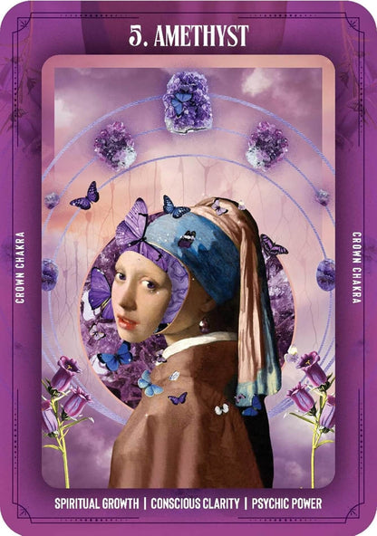 Card featuring a stylized portrait with purple elements and text '5. Amethyst' on a purple border.