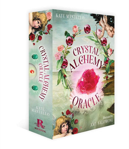 Box cover of 'Crystal Alchemy Oracle' by Kate Mantello with floral design and illustrations.