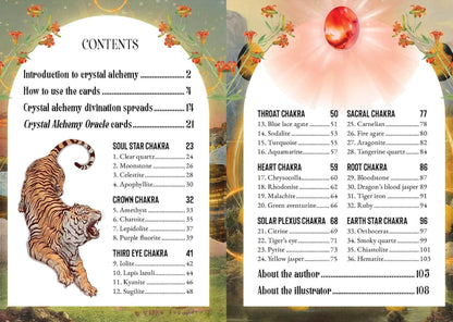 Table of contents for a crystal alchemy oracle card set with illustrations of a tiger and colorful cards.