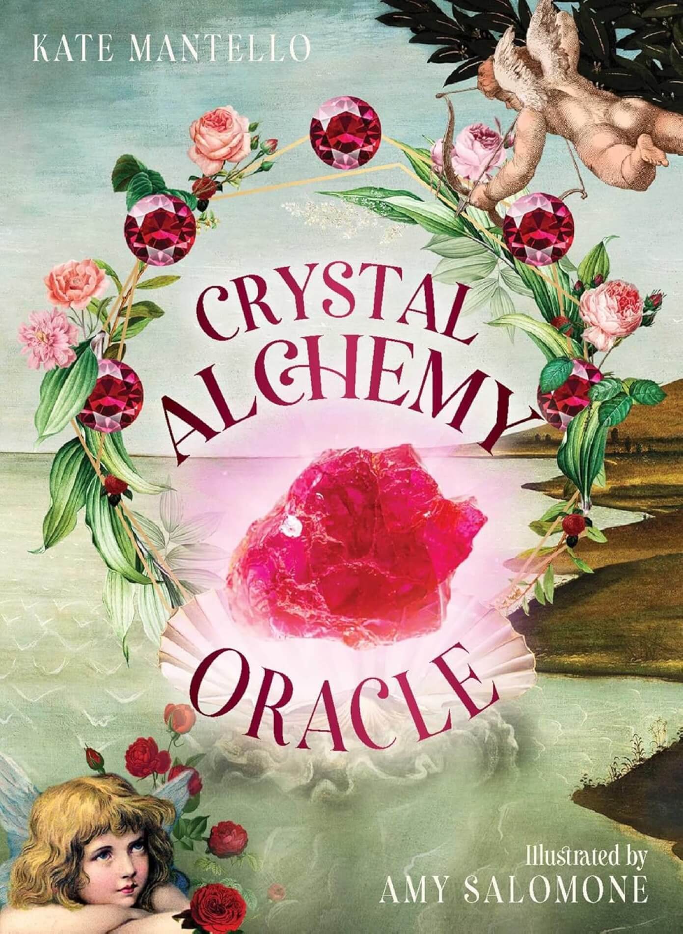 box cover of 'Crystal Alchemy Oracle' with a pink crystal, flowers, and an angelic figure.