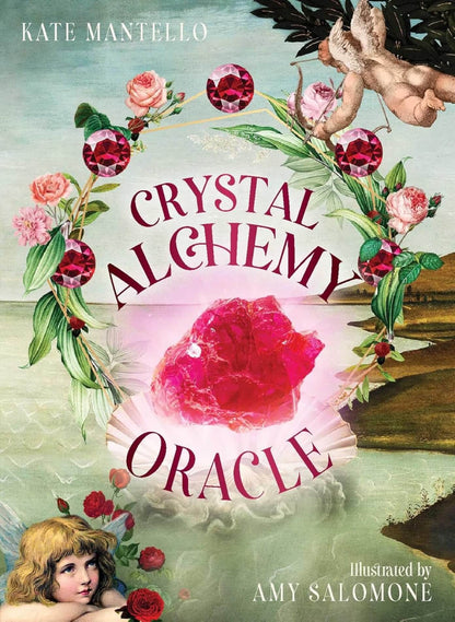 box cover of 'Crystal Alchemy Oracle' with a pink crystal, flowers, and an angelic figure.