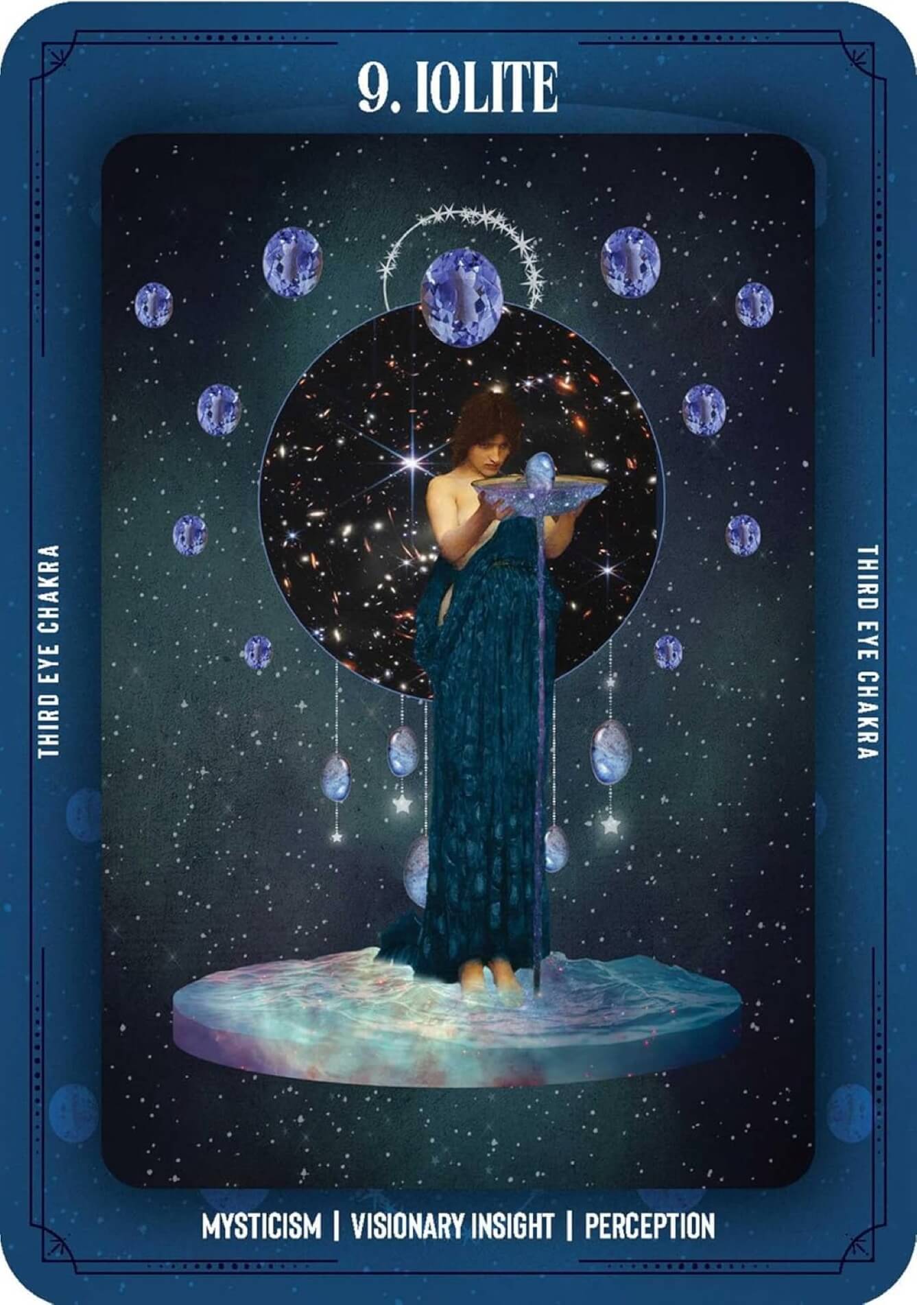 Iolite oracle card with a woman holding a crystal ball against a starry night sky.