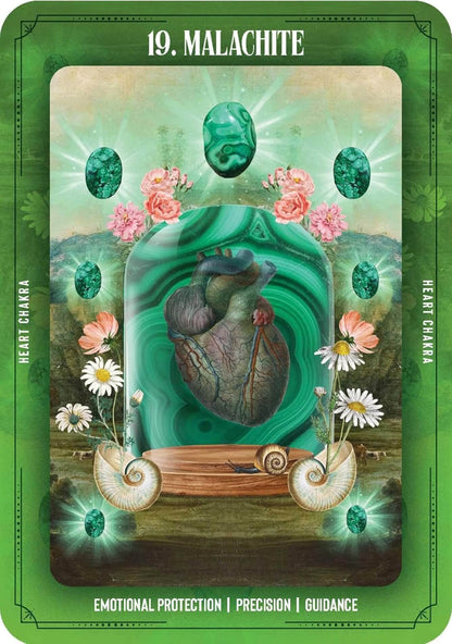 Card featuring a malachite stone with a heart and floral elements, labeled '19. Malachite'.