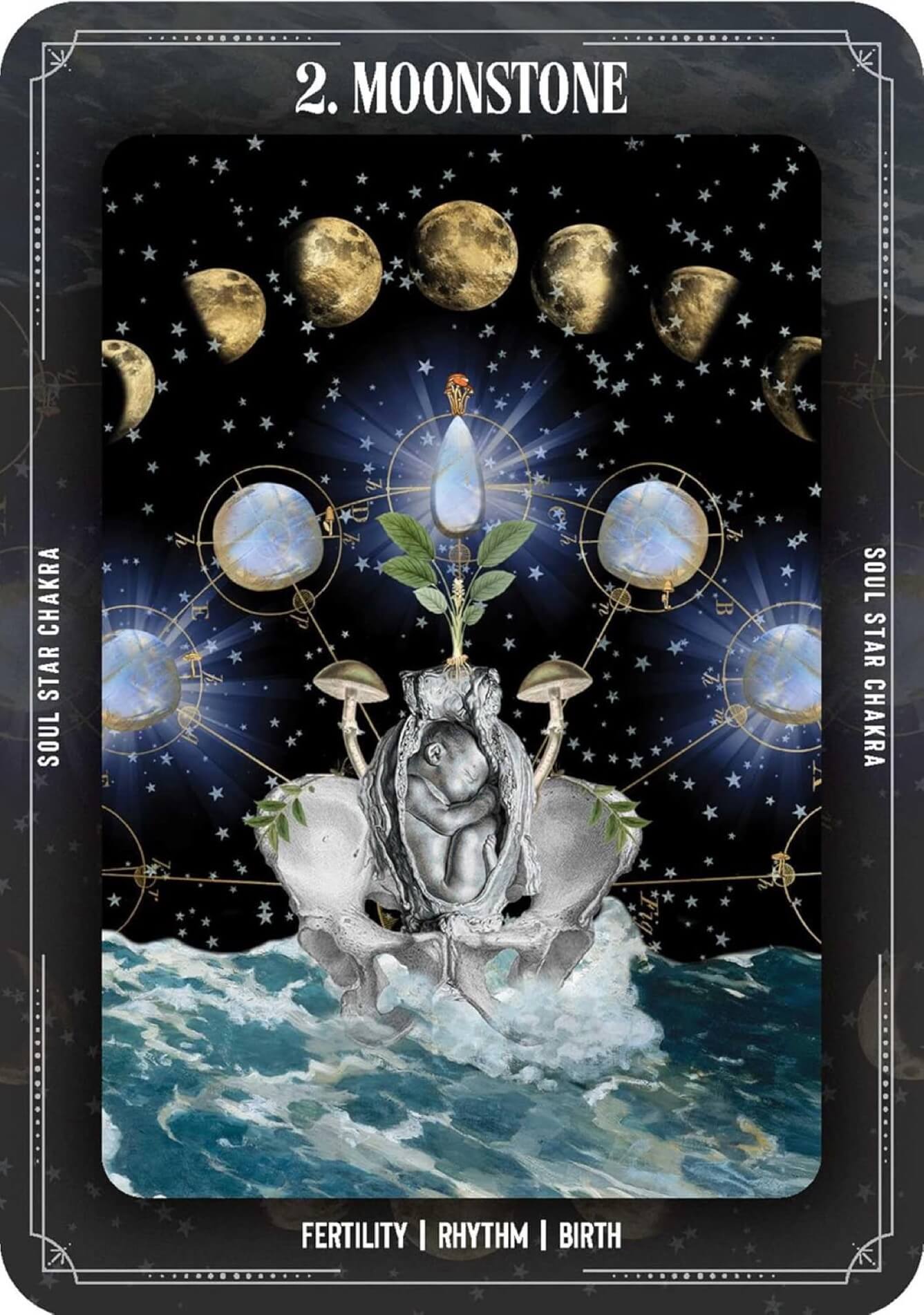 Card with moon phases, a central figure, and text on a dark background
