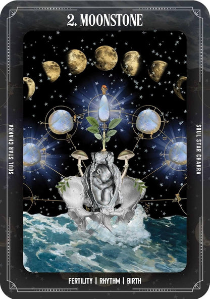 Card with moon phases, a central figure, and text on a dark background