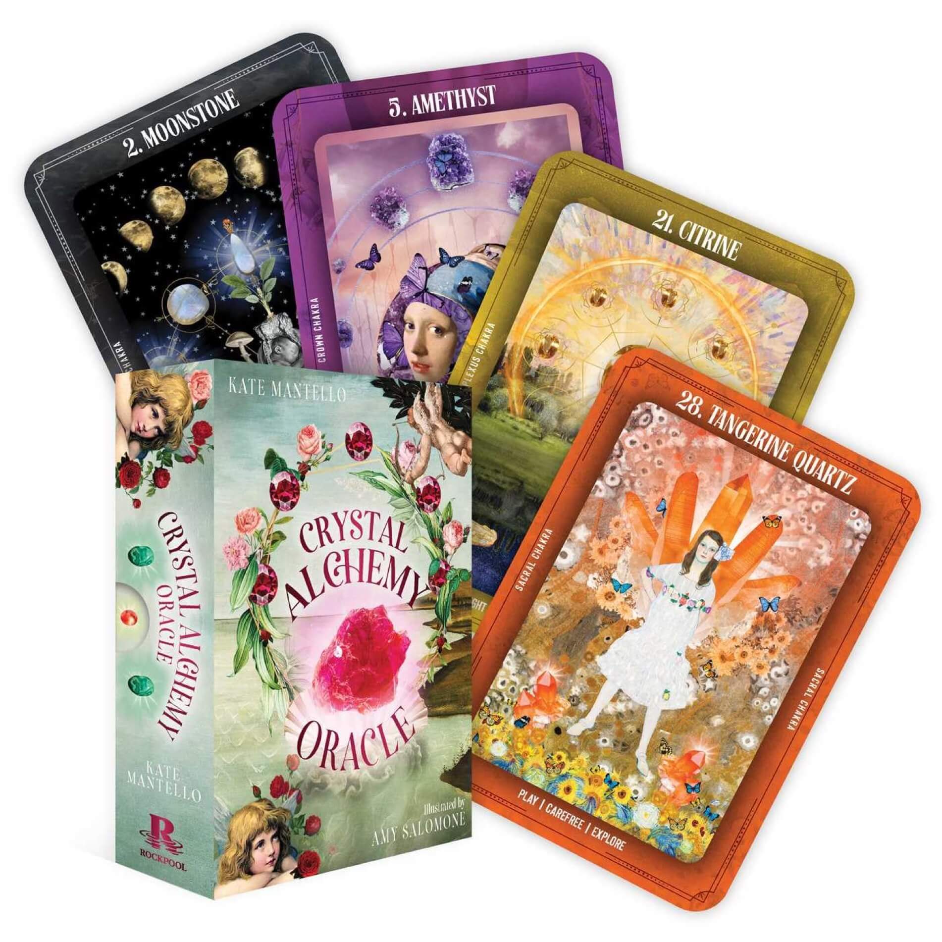Crystal Alchemy Oracle cards with colorful designs and card holder on a white background
