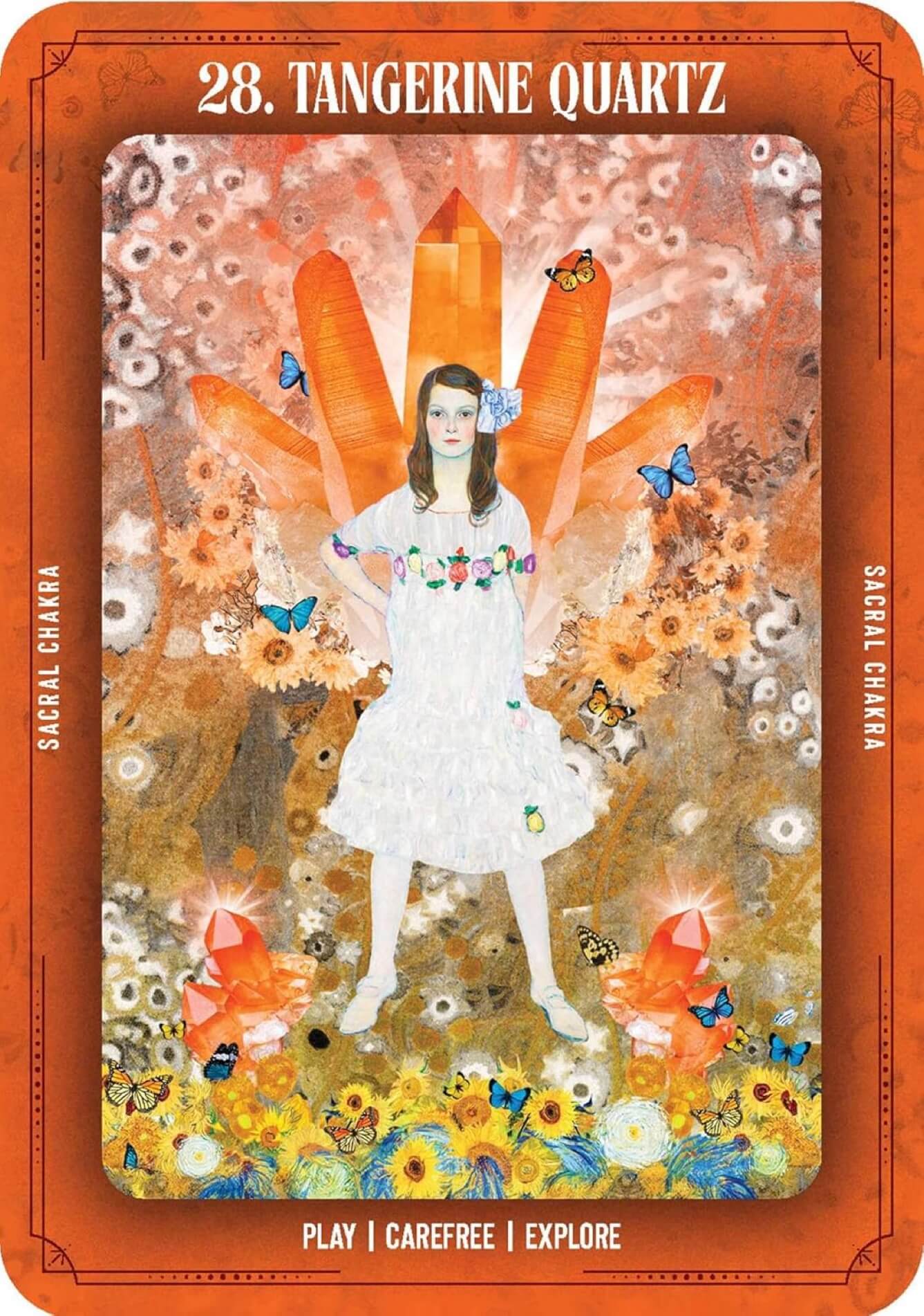 Tarot card featuring a woman with tangerine quartz crystals and foxes on an orange border