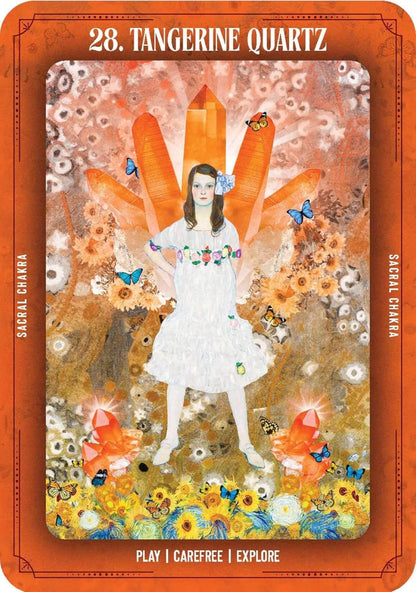 Tarot card featuring a woman with tangerine quartz crystals and foxes on an orange border