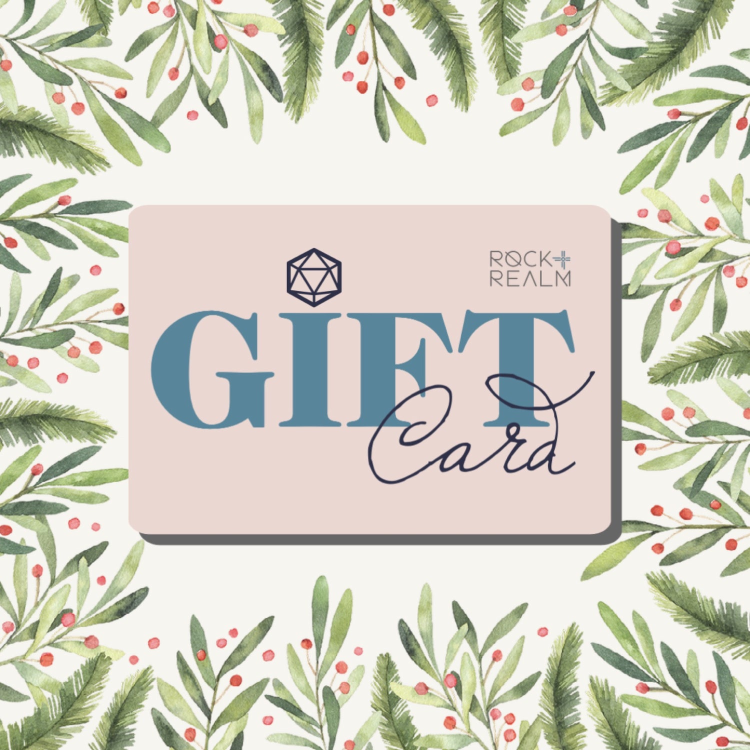 rock and realm Christmas gift card covered in festive holly