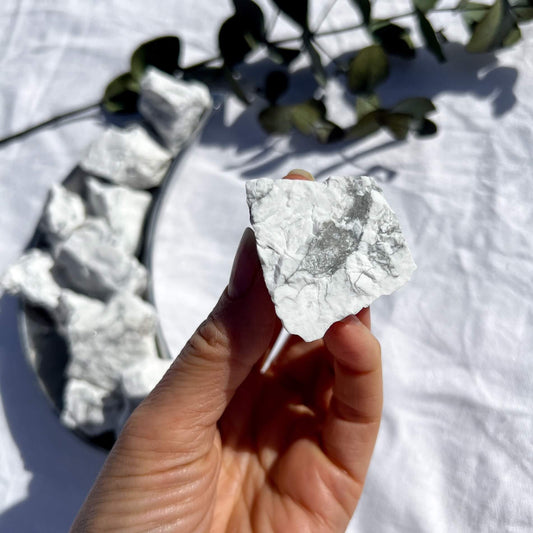 A white and grey marbled howlite crystal piece is held to camera