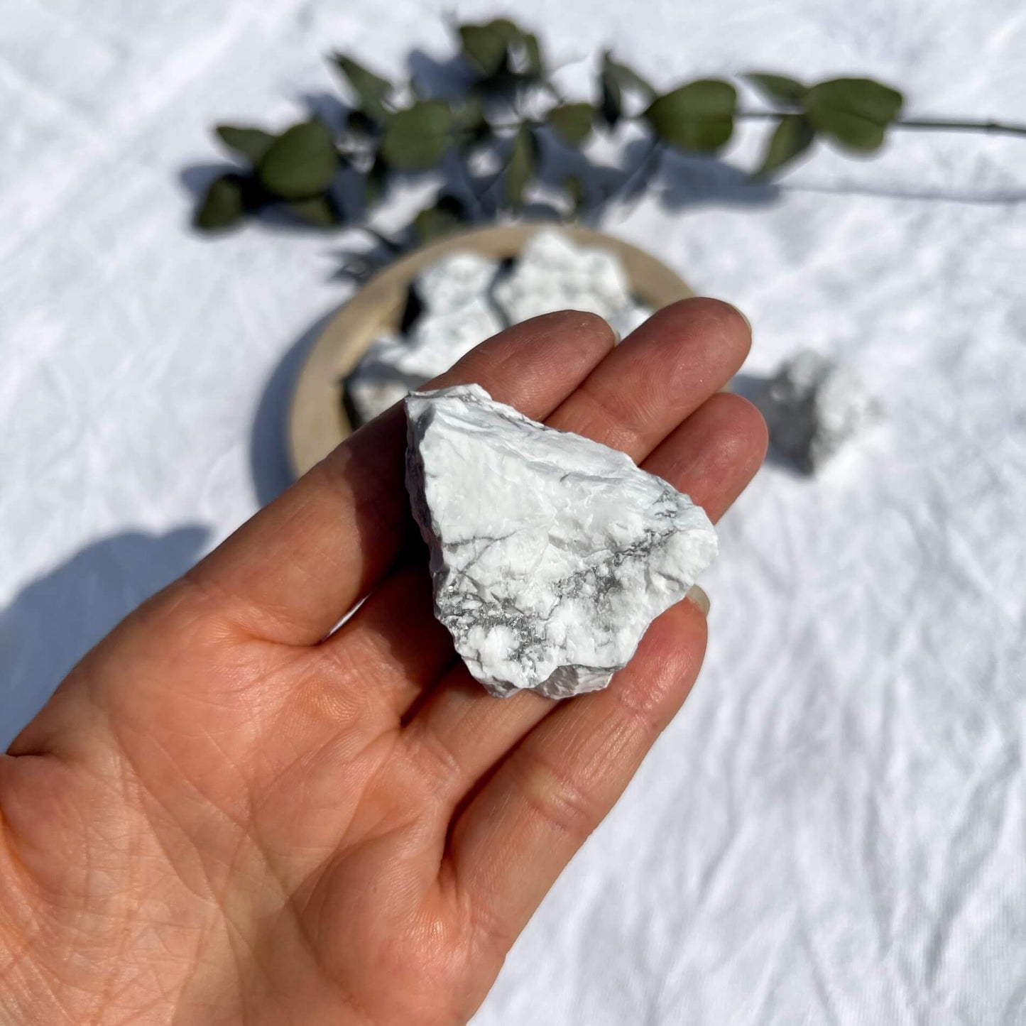 A white and grey marbled howlite crystal chunk is laid on an outstretched hand