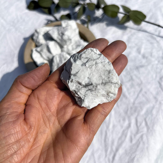 A white and grey marbled howlite crystal chunk is laid on an open hand