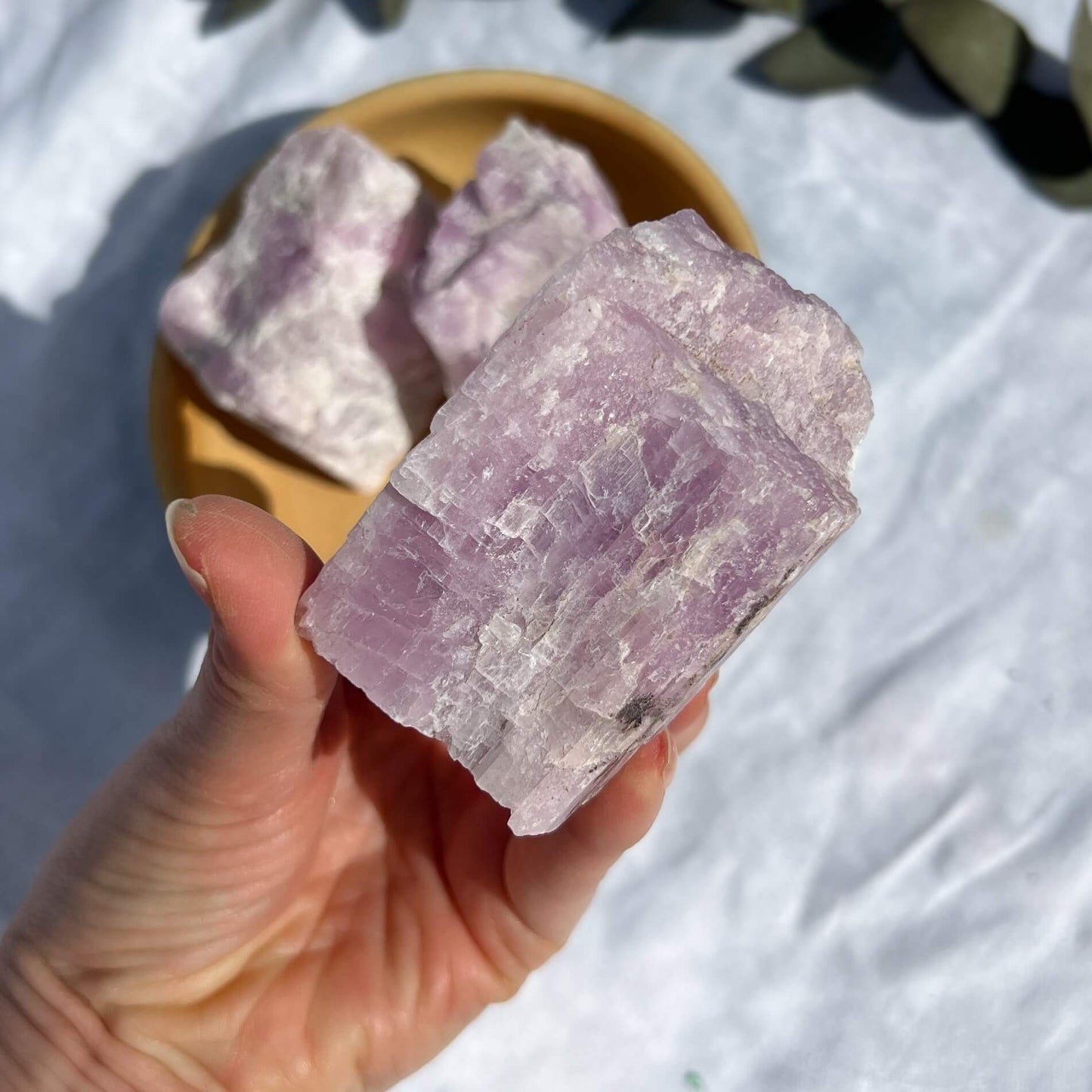 Pink extra large lilac coloured raw kunzite crystal piece held showing the side