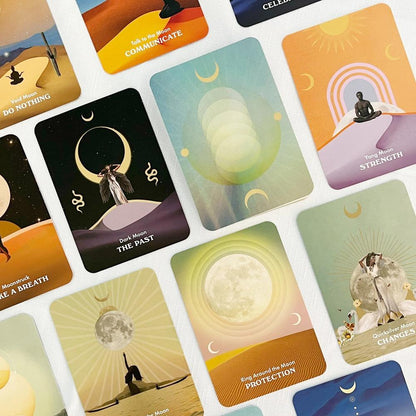 Collection of oracle cards with various designs and text on a white background
