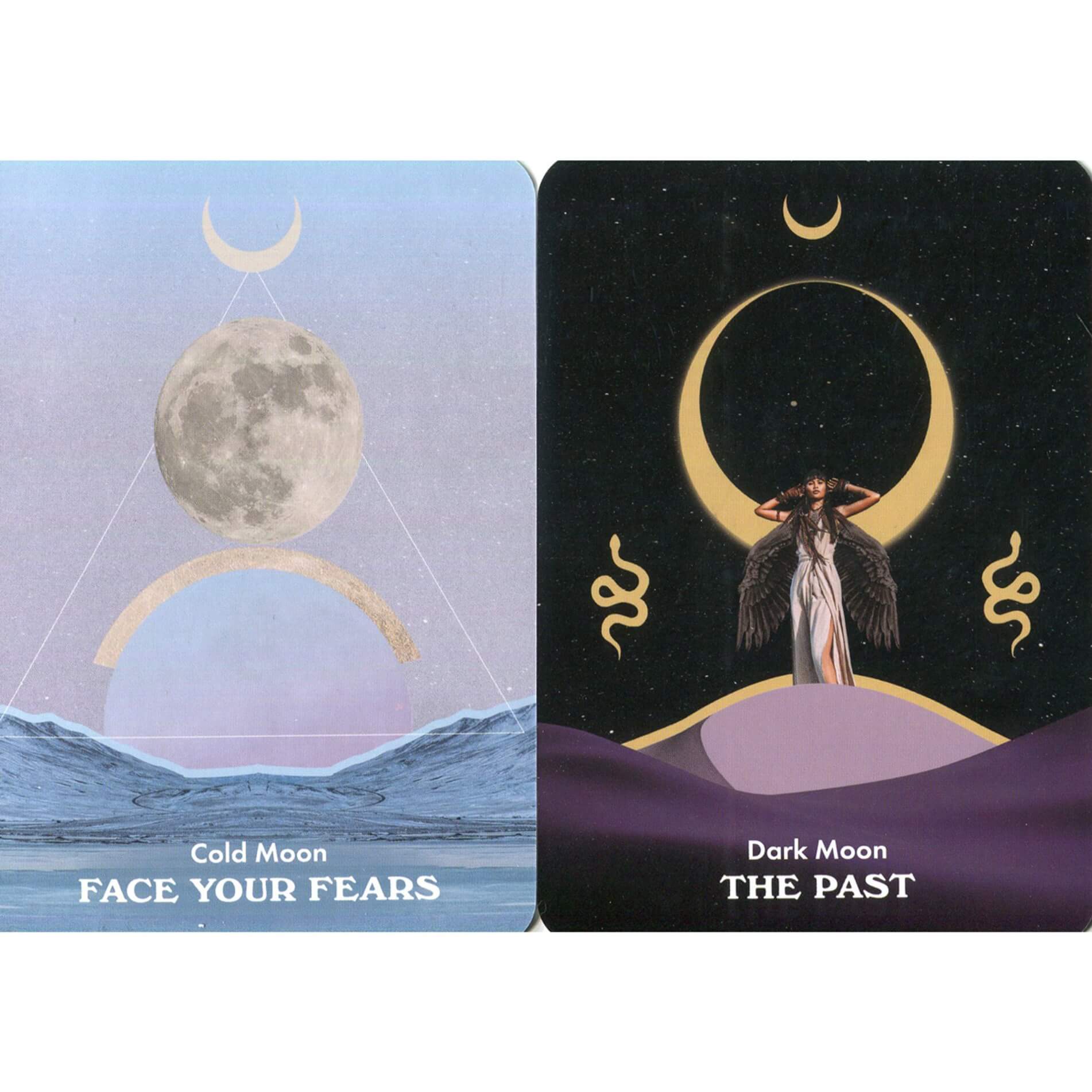 Two oracle cards titled 'Cold Moon' and 'Dark Moon' with celestial designs.