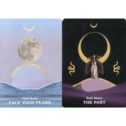 Two oracle cards titled 'Cold Moon' and 'Dark Moon' with celestial designs.