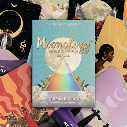 Moonology Messages Oracle card deck and guidebook with colorful collage of images in the background