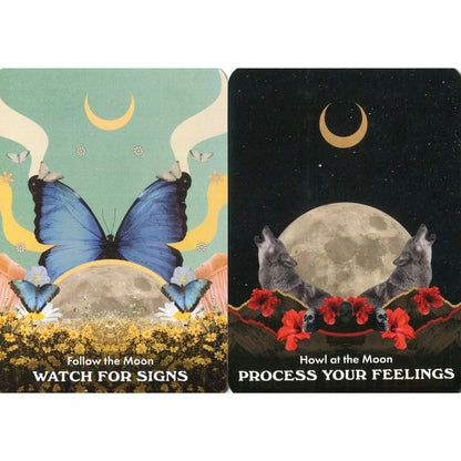 Two tarot cards with butterfly and moon design on one, and wolves and moon design on the other, against a white background.