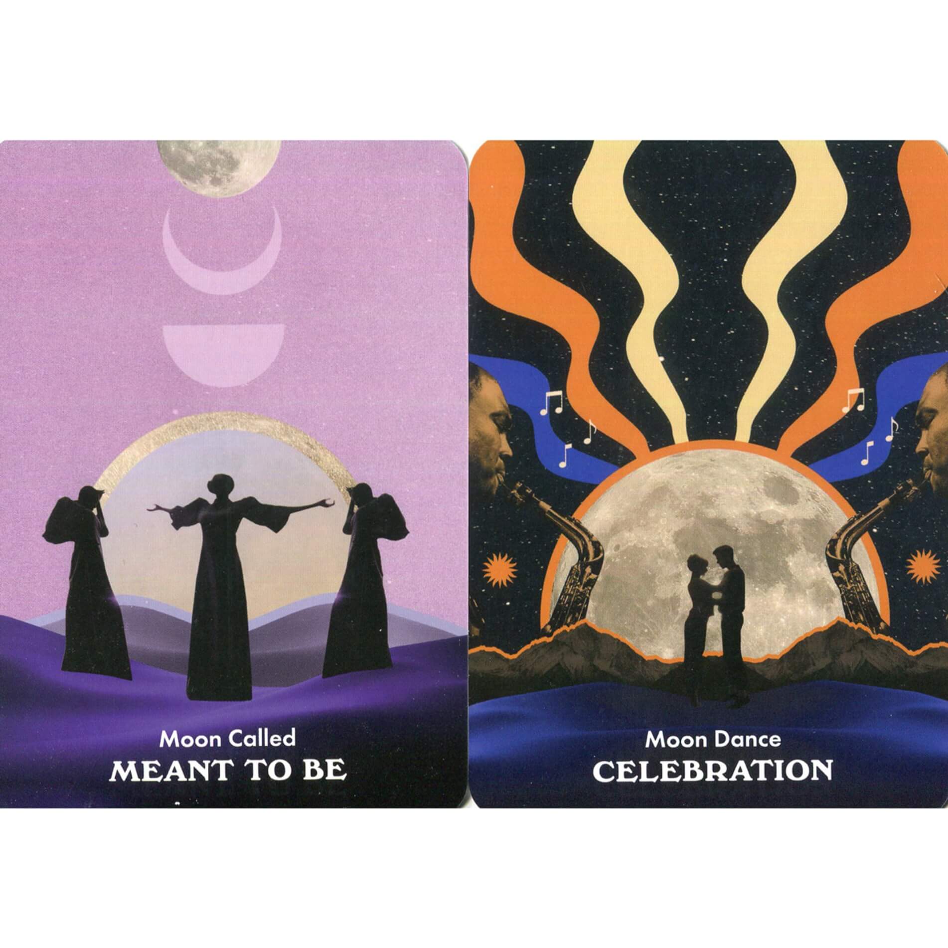 Two oracle cards titled 'Meant to Be' and 'Celebration' with moon phases and silhouettes.