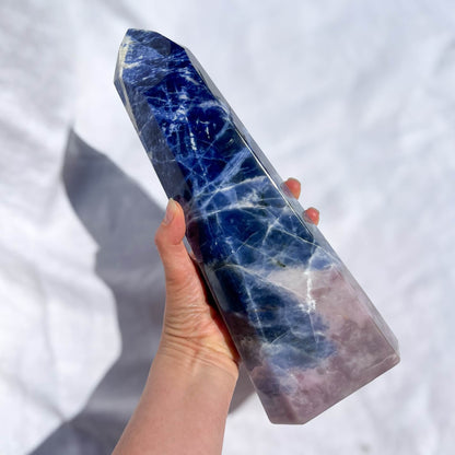 Hand holding a very large blue and pink sodalite crystal tower against a white background
