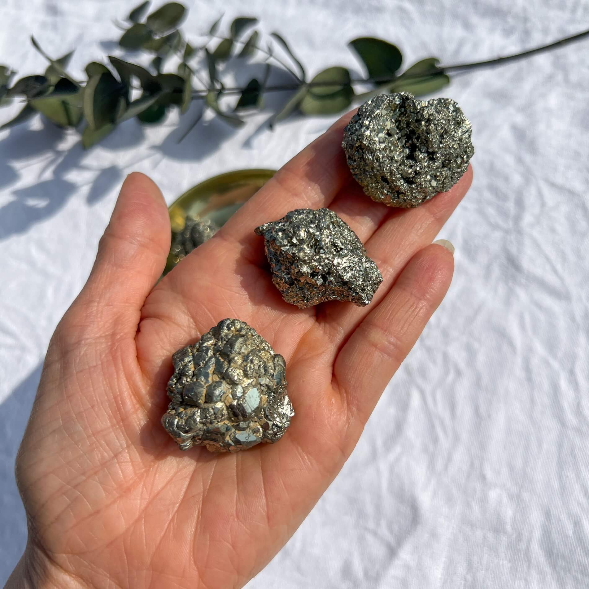 An outstretched hand holding three small golden pyrite crystal clusters shining in the sun's glow