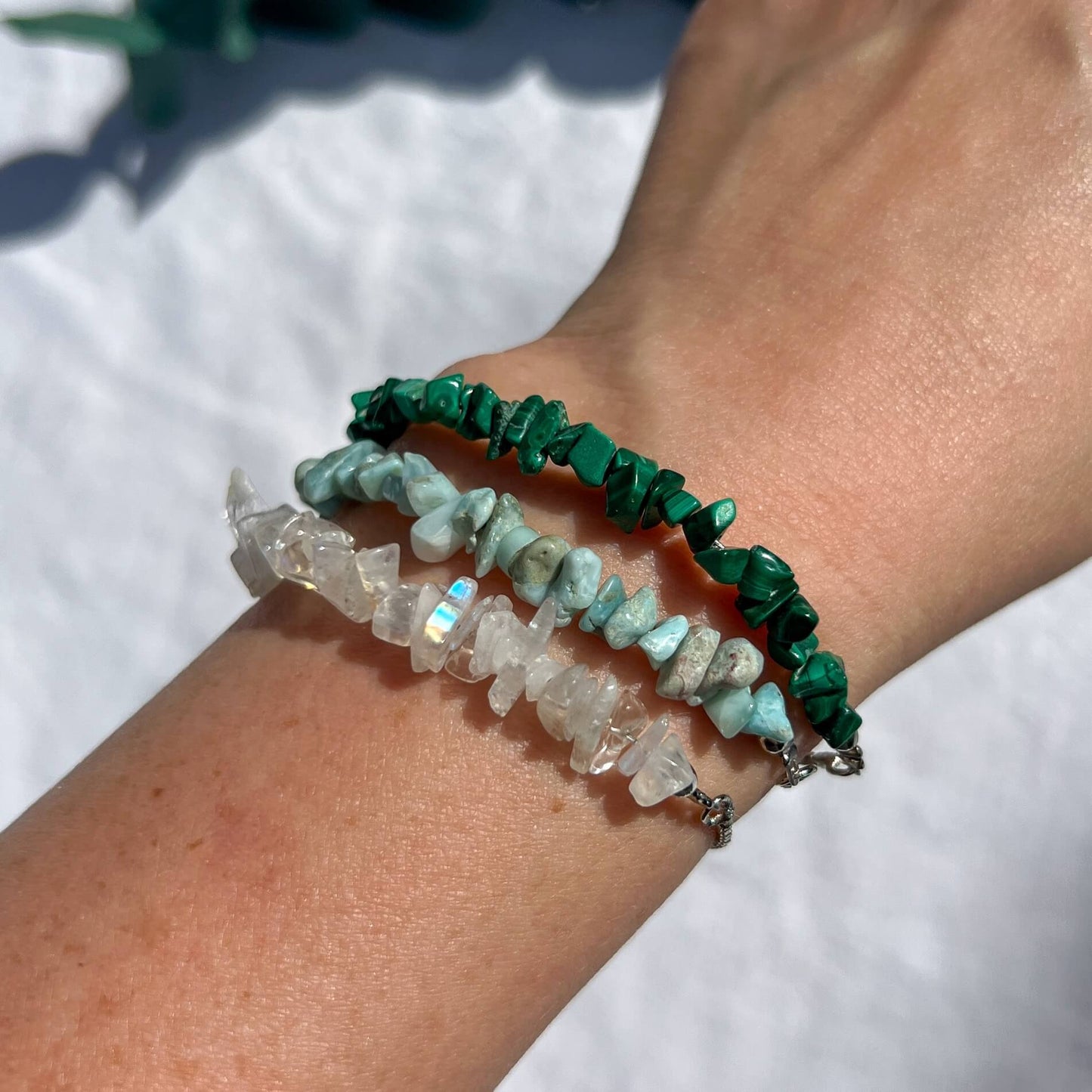 Crystal Chip Silver Bracelet - Malachite