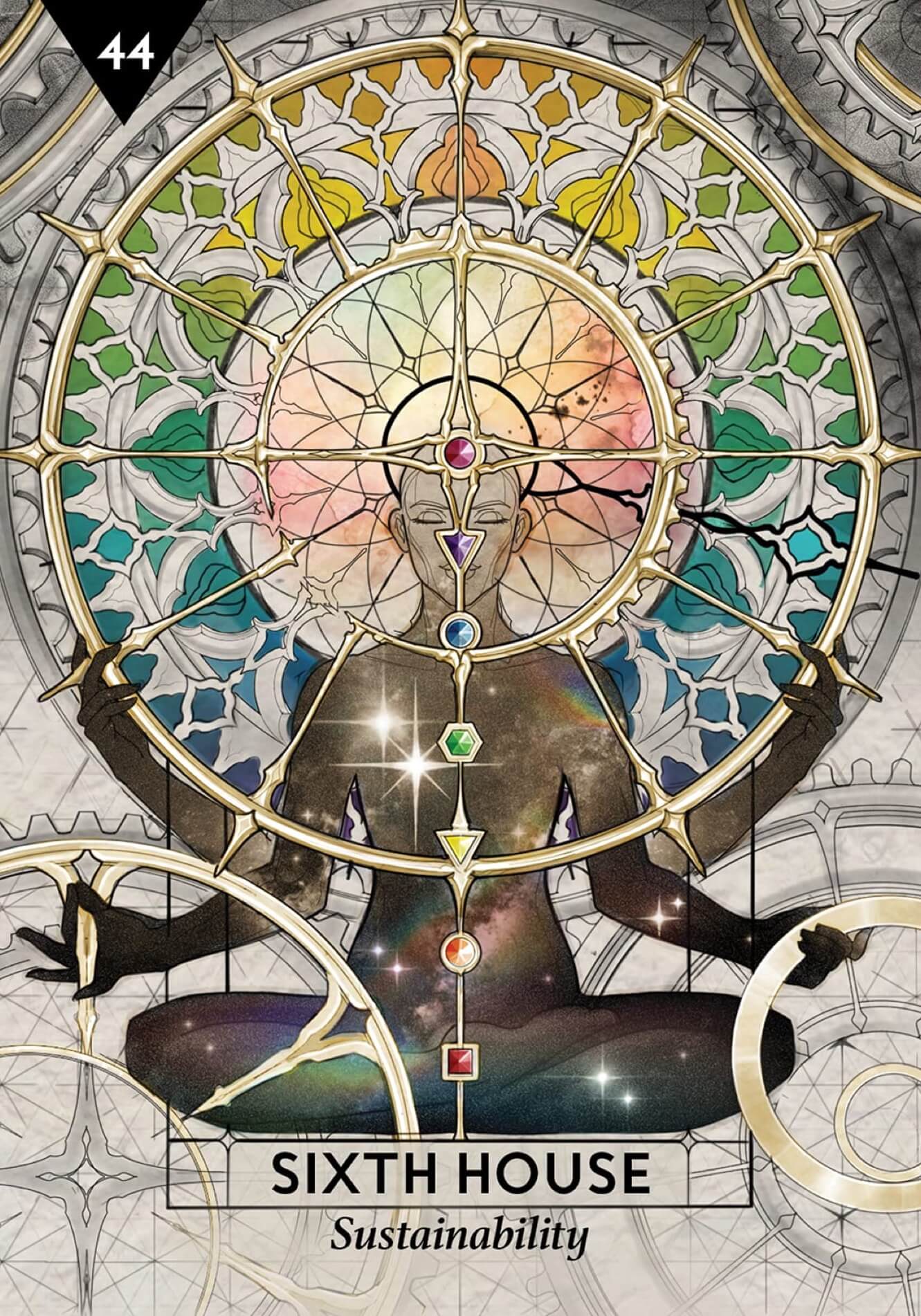Starcodes Astro Oracle 6th House Card illustration in a tattoo style with a person in lotus position with a chakra wheel