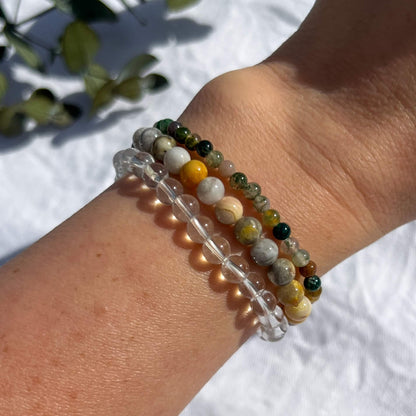 Three joy giving crystal bead bracelets in green jasper, quartz & crazy lace agate