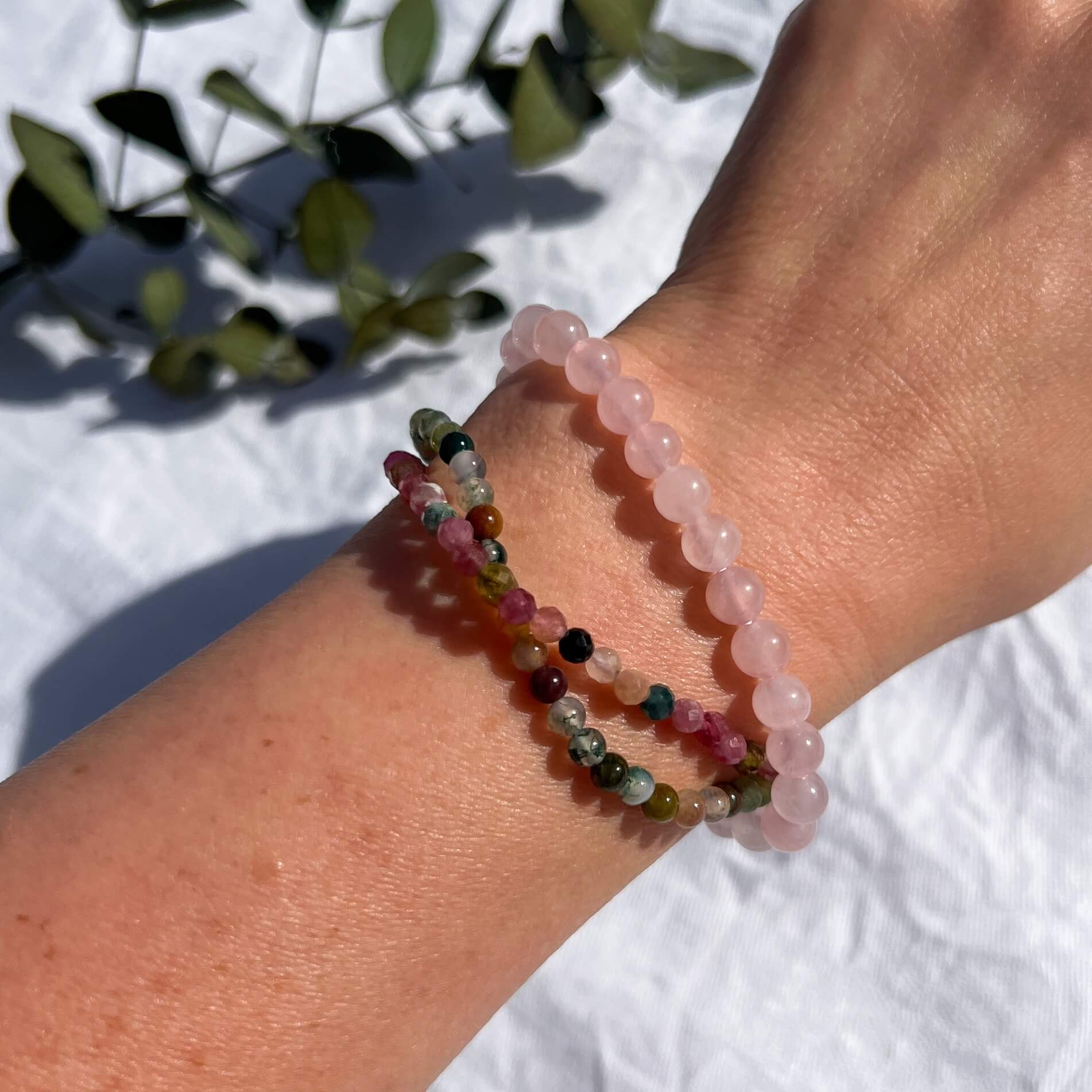 Three healing crystal bead bracelets for self esteem in rose quartz, green jasper and pink & green tourmaline