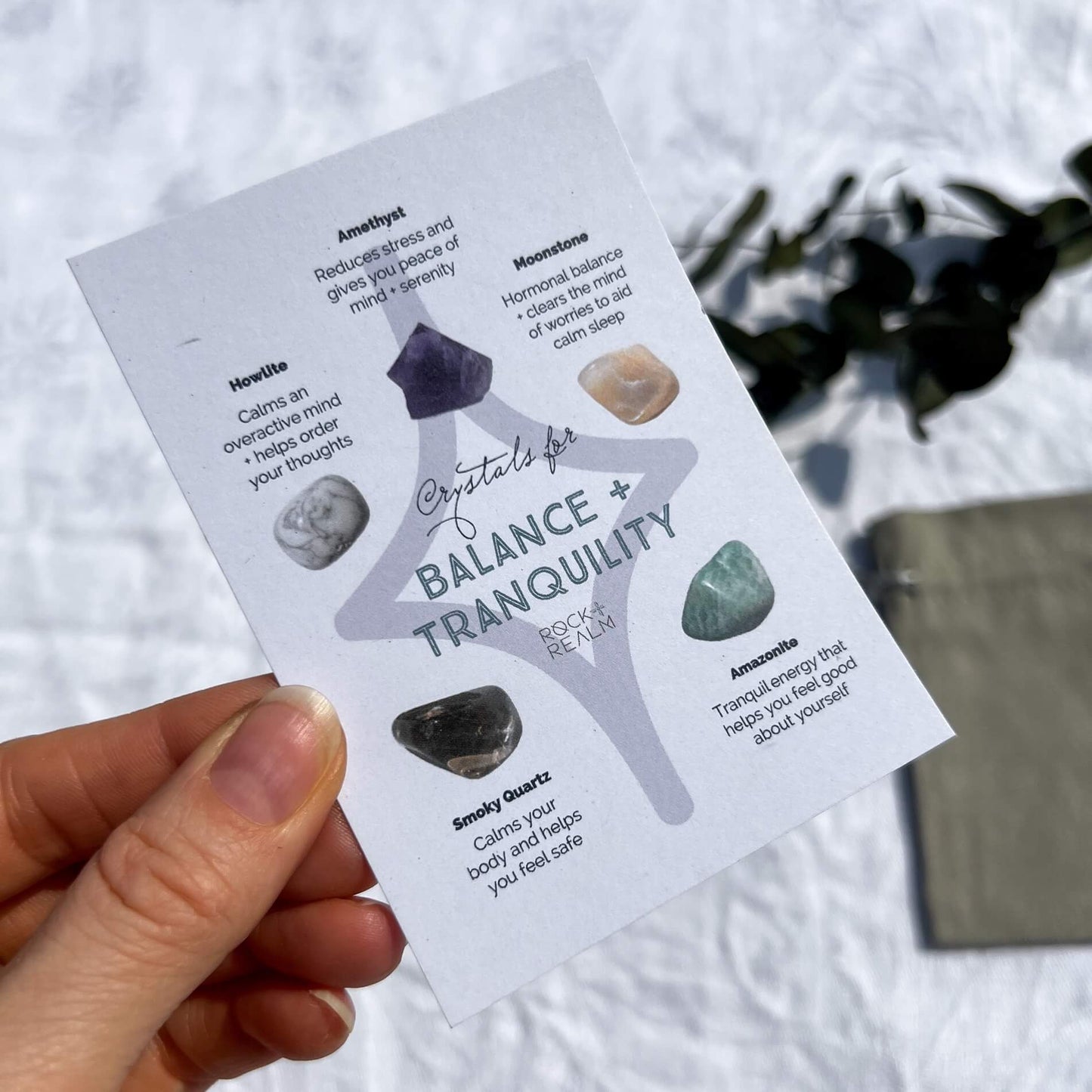 Balance and tranquility crystal properties information card