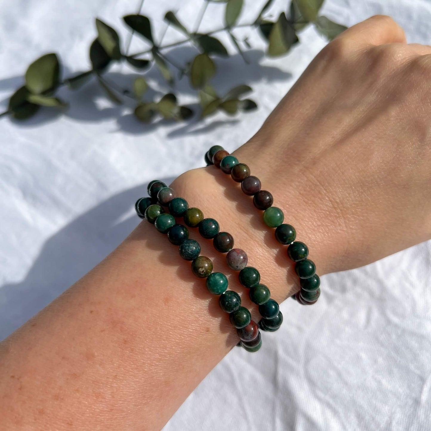 A Three green & red Bloodstone crystal bead bracelets