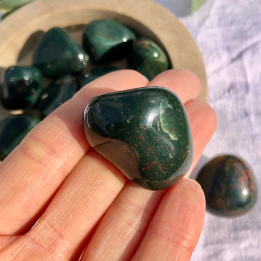 Extra large green bloodstone tumble stone with red flecks