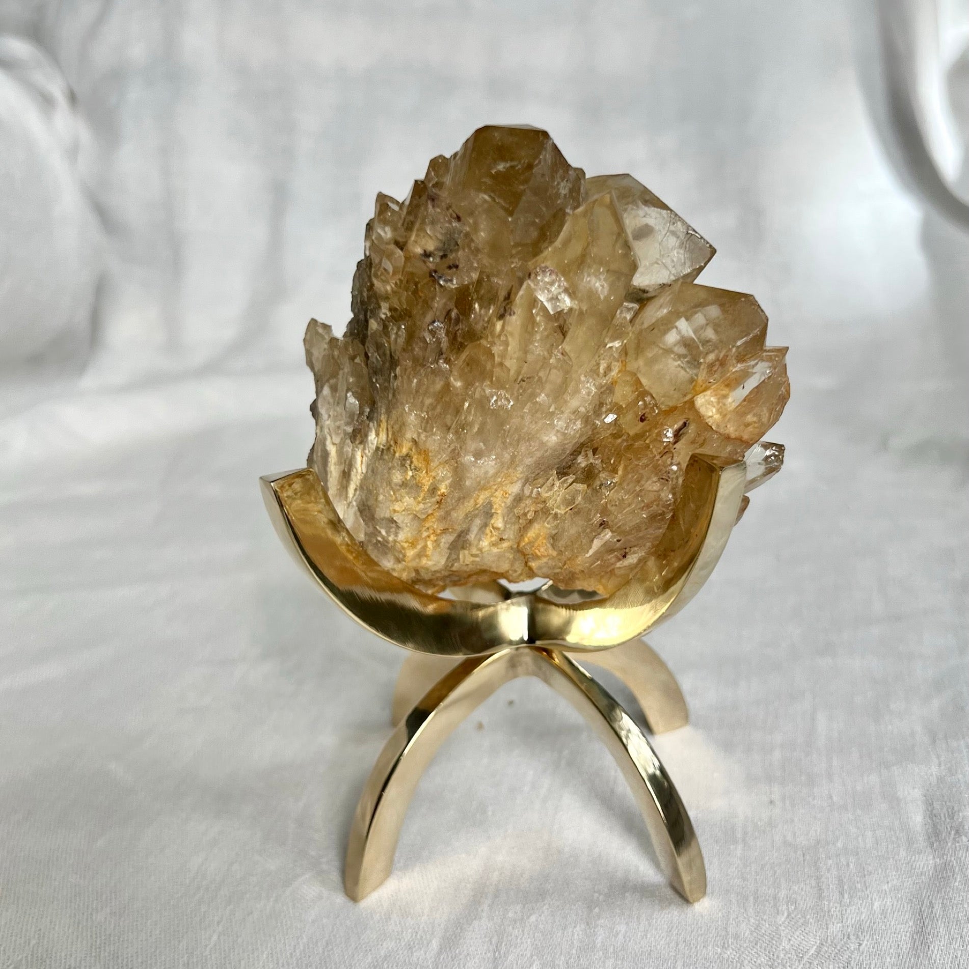 A golden citrine cluster sits in a shiny brass claw display stand